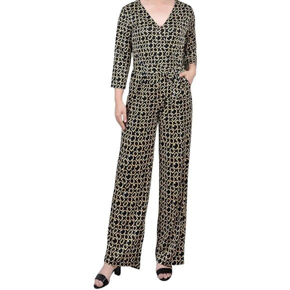 NY Collection Small 3/4 Sleeve Sash Tie Belted Wide Leg Gold Chain Black Jumpsui - Picture 5 of 5